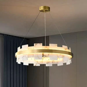 Modern Light Luxury Alabaster Marble Round Pendant Lamp Restaurant Led Chandelier