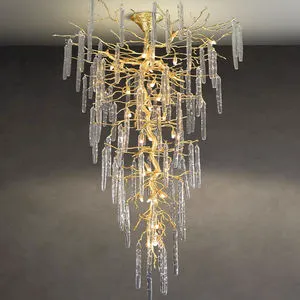 Tendering Water Drops Atmospheric Creative Stair Living Room Luxury Modern Tree Branch Gold Crystal Lighting Chandelier