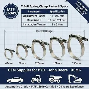 W4 SS304 Constant Tension T-Bolt Clamp for Excavator Engine Cooling 1000H Salt Spray Resistance
