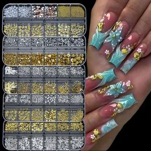 12 Grid Mixed Silver Gold Beads Rhinestones Seashell Bow Mini Rivets Creux Decoration Accessories Nail Charms In Bulk