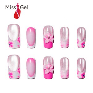 Factory Direct OEM ODM Pink Aura Cat Eye Press On Nails Handmade French Tip Reusable Nail Set Square Nails For Beauty Wholesale