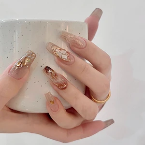 Wearing Armor Handmade Custom Resin Full Cover Square Diamonds Autumn Winter Maillard Brown Gentle Fairy White Manicure Finished