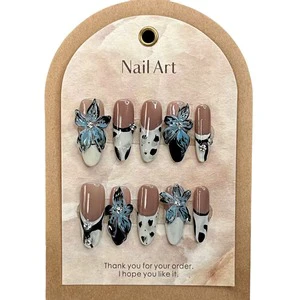2025 Spring Summer Collection French Handmade Detachable Geometric Pattern Nail Art Long-lasting Short Finger Nails Deep Coffee