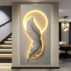 Factory Direct Large Size Modern Still Life Wall Art Handmade 3D Embossed Feather Mural With LED Lighting For Home Decoration