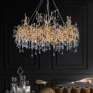 French Luxury Gold Crystal Water Droplet Branches LED Warm White Hanging Chandelier for Living Room Main Light Middle Size