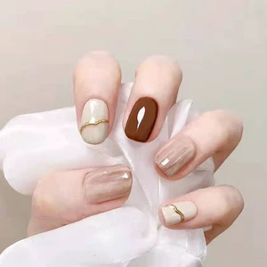 Ready-to-Wear Finger Nails with Nude Ombre and Multi-color Stickers Wearable French Style ABS False
