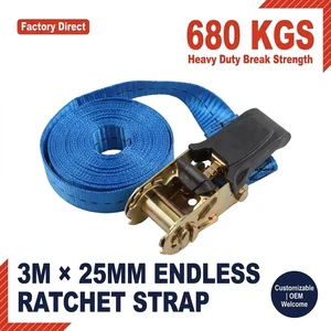 1 Inch 25mm 3m Heavy Duty Ratchet Tie Down Strap 680kgs Endless Blue Polyester Cargo Truck Trailer Motorcycle No Hooks
