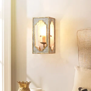 New Farmhouse Style Antique Wood & Iron Wall Lamps with Antique White & Gold Finish for Bedroom Interior Decor