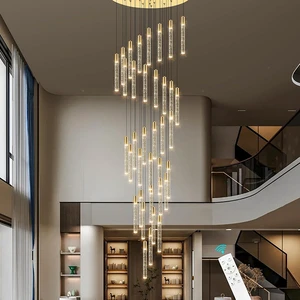 Luxurious Crystal Chandelier Modern Gold LED Pendant Light Remote Control for Hotel Villa Lobby Staircase Hanging Lamp