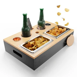 2-In-1 Table Console Drink Cup Holder Buddy Snack Tray Premium Bamboo Couch Bar Snack Box With Removable Magnetic Lid