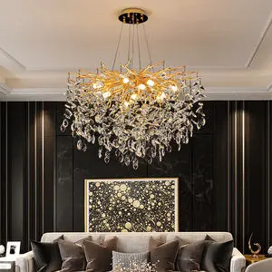 Tree Branch Hanging AC Decorative Lighting Gold Raindrop Crystal Beads Chandelier Parts for Hotel Living Room
