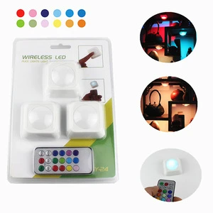 Modern Style 3-Pack Super Bright 2 LED Wireless RGB Dimmable Puck Light with Remote Control Under Cabinet Lighting Closet