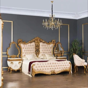 Luxury Bed Set Solid Mahogany Wood Frame Traditional Antique Design Storage Queen/Full/King Sizes Fabric Foam for Indoor Use