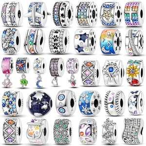 925 Sterling Silver Daisy Beads Stopper Chain Silver Clasp CZ Pave Clip Charms For Original Bangle Bracelet Silver Fashion