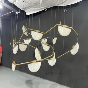 Modern Luxury Asymmetrical LED Chandelier Semicircular Alabaster Shade Brushed Brass Energy Saving 2700K Soft Warm Pendant Light