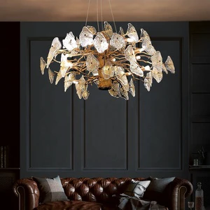 Unique Suspension Luxury Tree Branch Leaf Lamps Lobby Fixture Lustre Brass Crystal Glass Lighting and Pendant Lamp Chandelier