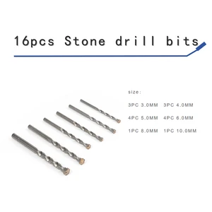 RISING 16PCS RS-035 Stone Drill Bit Set - YG8C Tungsten Carbide Tip Carbon Steel Shank (HRC42-48 HRA88-90)