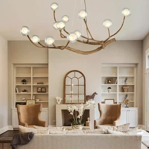 SIMIG Modern Glass Globe Chandelier, 12 Lights Retro Wood Branch Tree Branch Light Farmhouse Chandeliers For Kitchen