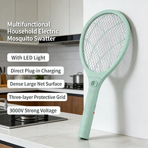 Rechargeable Electric Mosquito Racket with LED Lamp, Plug-in Charging, 3-Layer Safety Net, Household Insect Zapper