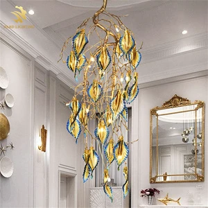 High End Bohemian Golden Feather Branch Long Chandelier Postmodern Creative Hotel Villa Stairwell Chandelier