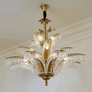 French Luxury Brass Vintage Hotel Lobby Chandelier European Duplex Villa Crystal Palm Leaf Branch Chandelier