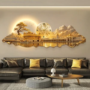 Modern Luxury MDF Carved Acrylic LED Backlit Wall Clock Art Golden Temple Golden Tree Full Moon Decor For Home Hotel Decoration