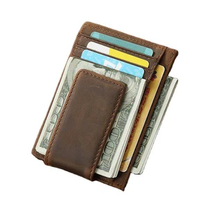 Custom Brand Vintage Genuine Leather Magnetic Money Clip Unisex RFID Card Holder Men Cow Leather Strong Magnet Money Clip