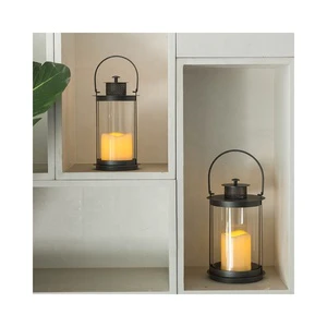 Metal Stand with Glass LED Candle Holder for Home and Garden Decoration Round LED Lantern with Handle