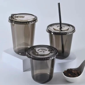 Disposable Black Plastic Cup 12 oz 14 oz 16 oz Black U-shaped Plastic Cup Custom logo Bubble Tea Cup with Lid