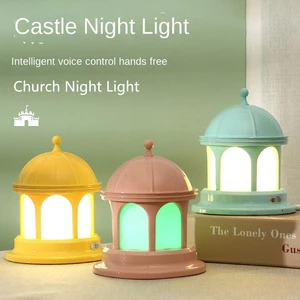 Voice Control Mini Castle Night Light Desk Lamp with USB Rechargeable Battery Stepless Dimming LED ABS Material