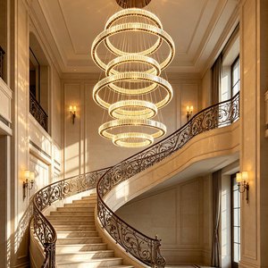 Modern Luxury Gold Multi-Tier Ring Crystal Chandelier For High Ceiling Staircase Hotel Atrium Villa Project