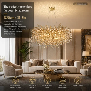 Modern Luxury Round K9 Crystal Branch Chandelier Art Studio Bedroom BathroomCloakroom Gold Tree Leaf Hanging Lamp Villa Hotel