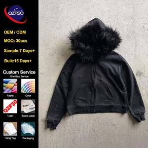 QZFSO Manufacturer Fleece Hoodie With Fur Hood Vintage Oversized Cotton Men's Vintage Detachable Collar Zip up Faux Fur Hoodie