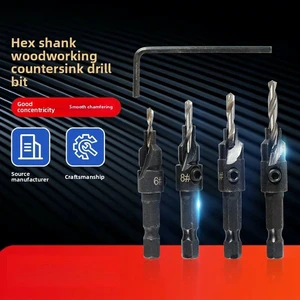 4-Piece Hex-Shank Titanium-Coated Woodworking Hole-Sinking Countersink Drill Bit Set with Combined Drilling and Chamfering Bits