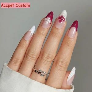 Wholesale Long Almond 32pcs False Fake Nails Set Wholesale 3d French Flower Soft Gel Artificial Press On Nails With Glue