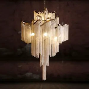 Vintage Aluminum Chain Tassel Fringe Hotel Restaurant Castle Villa Lobby Hall Living Room Stair Chandelier Hanging Pendant Light