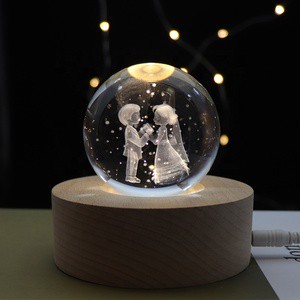 Popular Electronic Gift Wooden Crafts Crystal 3D Mood Night Light LED Beech Base Portable Lamps Home Decor Warm White USB