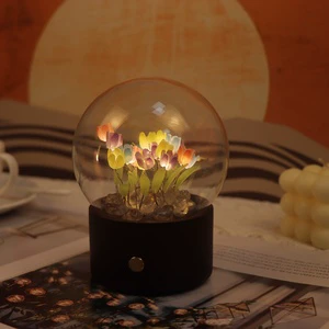 Tulip Glass Led Table Lamp Night Light Bedroom Decorative Handmade Wooden Led Tulip Lamp With Music Box