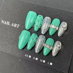 High-quality Handmade Nail Factory Wholesale Almond-shaped Green French Style Polka Dot Rhinestone Style Reusable