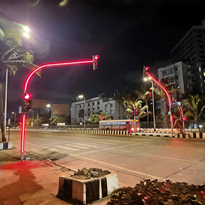 LED Illuminated Traffic Signal Poles In Red And Green Integrated Traffic Lighting Systems