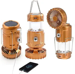 Solar Camping Lantern with Fan Rechargeable Lantern Hanging Lights for Power Outages Camping Tent Hurricane Emergency