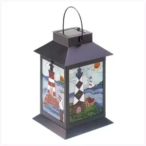 Solar Powered Lantern With Lighthouse Design Glass Panels Steel Body Flameless Indoor Outdoor Home Decoration Lantern