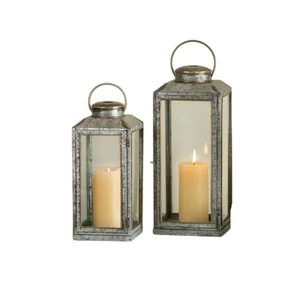 Set Of 2 Rustic Galvanized Metal Candle Lanterns Vintage Style Indoor Outdoor Hanging Decorative Hurricane Lamp For Home Wedding