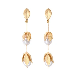 Design Long Alloy Leaf Tassel Earrings Personality Retro Asymmetric Pearl Branch Trendy Charm Unisex