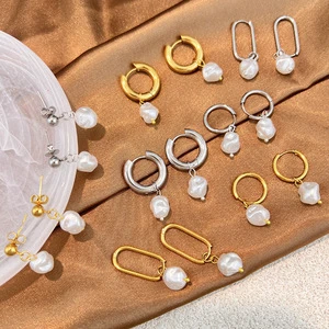 Elegant New Arrival 18k Gold Plated Stainless Steel Geometric Earrings Pearl Pendant Hoop Earrings Jewelry Gift for Women