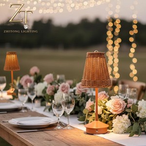 Vintage Farmhouse Stepless Dimmable Led Wedding Light Supplier Minimalist Brown Rechargeable Rattan Cordless Table Lamp