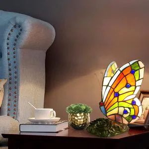 Stained Glass Orange Butterfly LED Bedside Table Lamp Colorful Small Night Light Reading Lamp Stained Glass Lamp