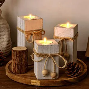 3 Pcs Rustic Farmhouse Handmade Tabletop Wood Tea Light Holder Wooden Candle Holders For Valentines Holiday Party Home Decor
