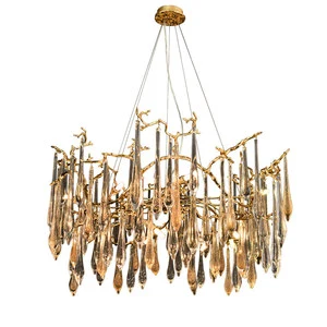 Modern Living Room Brass Branch Chandelier, Light Luxury French Restaurant Lamp, Tea Room Bedroom Crystal Water Droplet Lamp