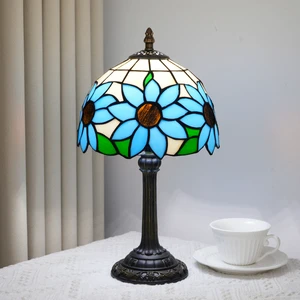 Blue Sunflowers Table Lamp for Bedroom Decor,Tiffany Handmade Stained Glass Desk Lamps,Valentines Day Birthday Gifts for Women